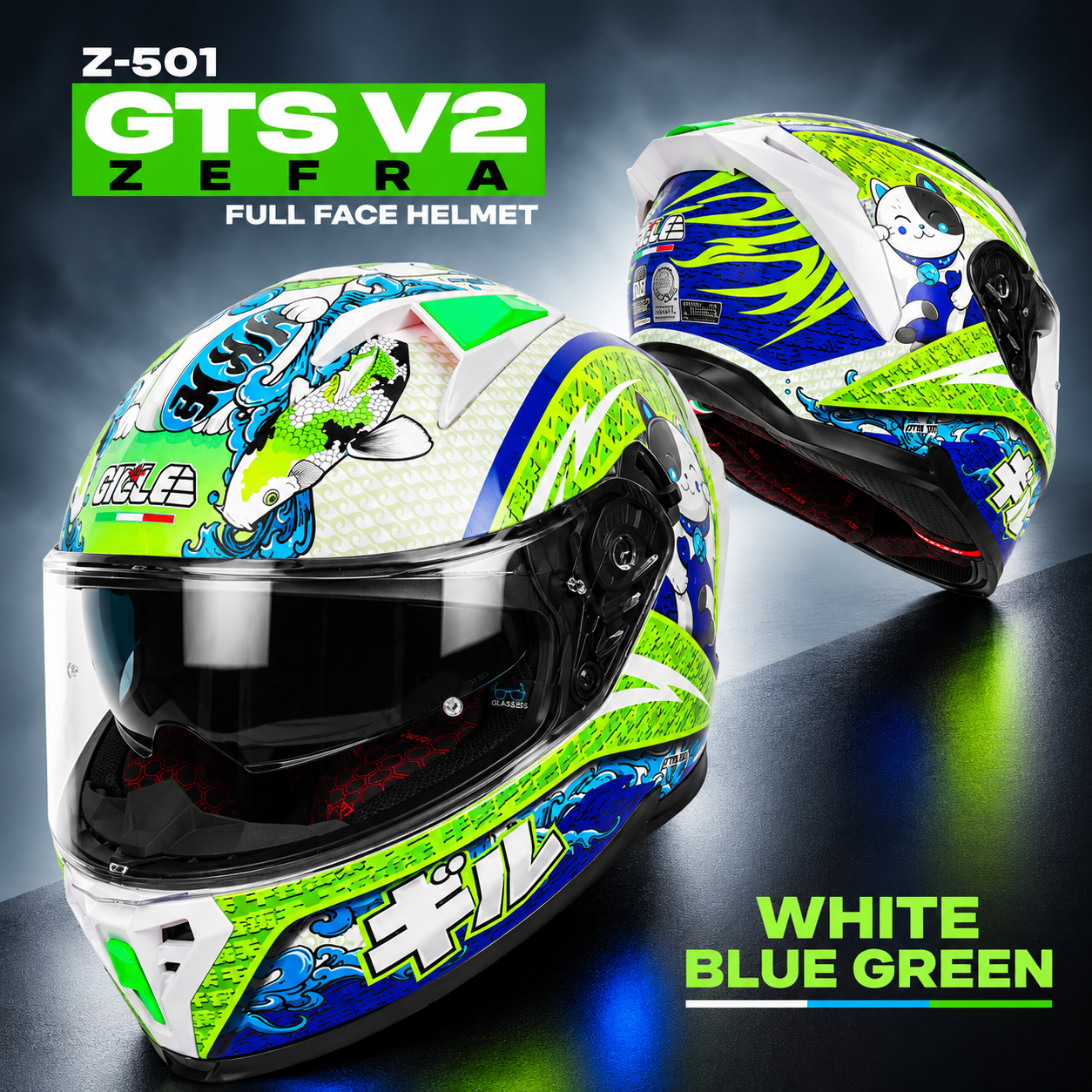 GILLE Z-501 GTS V2 Zefra-White Blue Green | Dual Visor Full Face Motorcycle Helmet