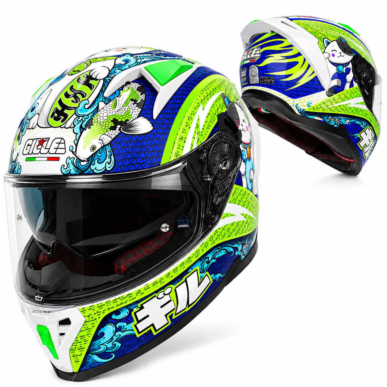GILLE Z-501 GTS V2 Zefra-White Blue Green | Dual Visor Full Face Motorcycle Helmet
