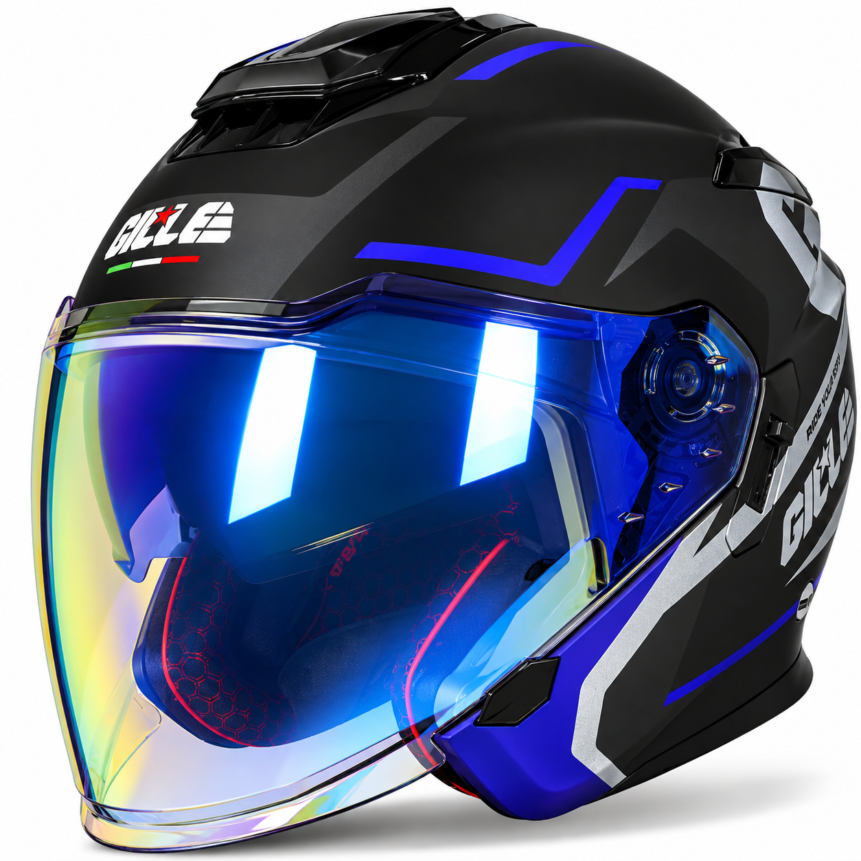 GILLE FF005 VISAGE BONE-Matte Black Blue | Revo Lens Smoke Inner Visor Half Face Motorcycle Helmet w/ Free Clear Visor